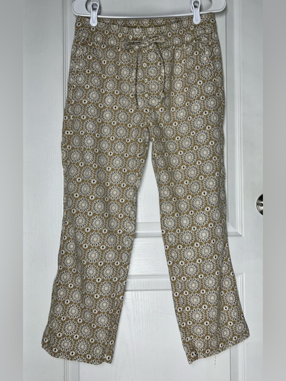 Ann Taylor Pants Beige Geo Sz S Petite Elastic Waist Linen Blend Flowy Boho